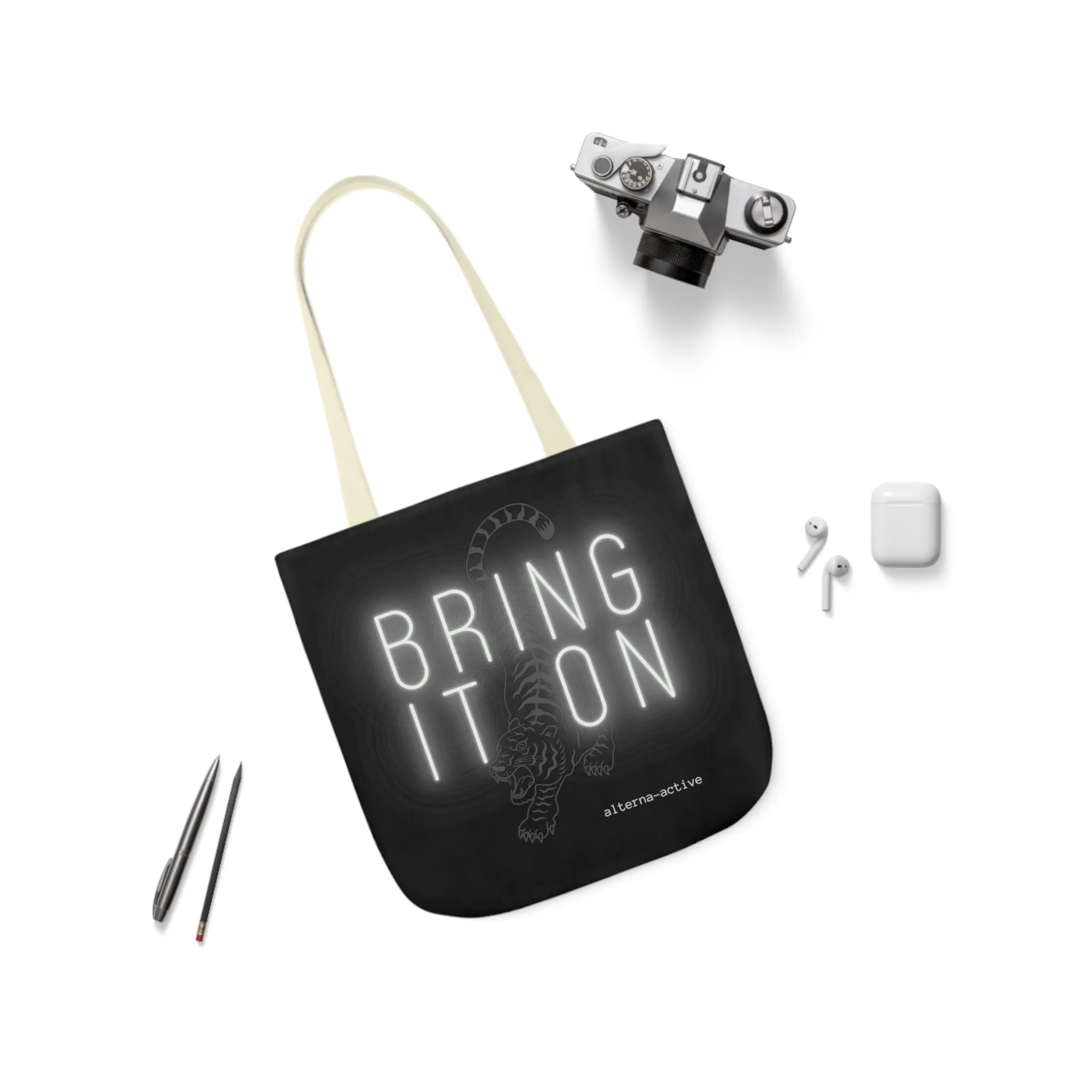 Alternawear Branded 'Bring it On' Tiger and Neon Print Polyester Canvas Tote Bag