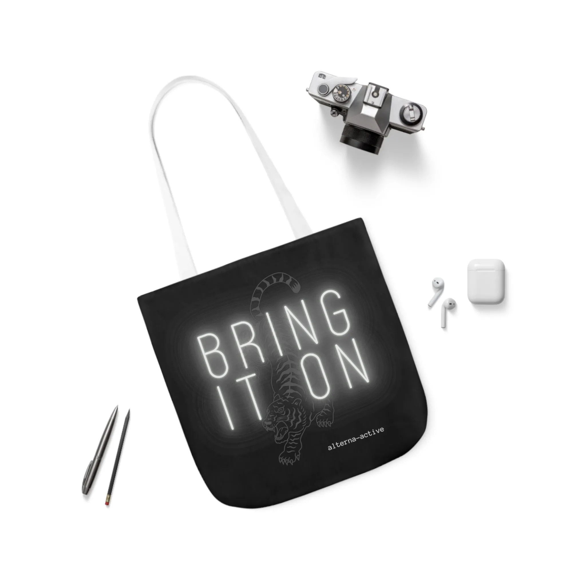 Alternawear Branded 'Bring it On' Tiger and Neon Print Polyester Canvas Tote Bag