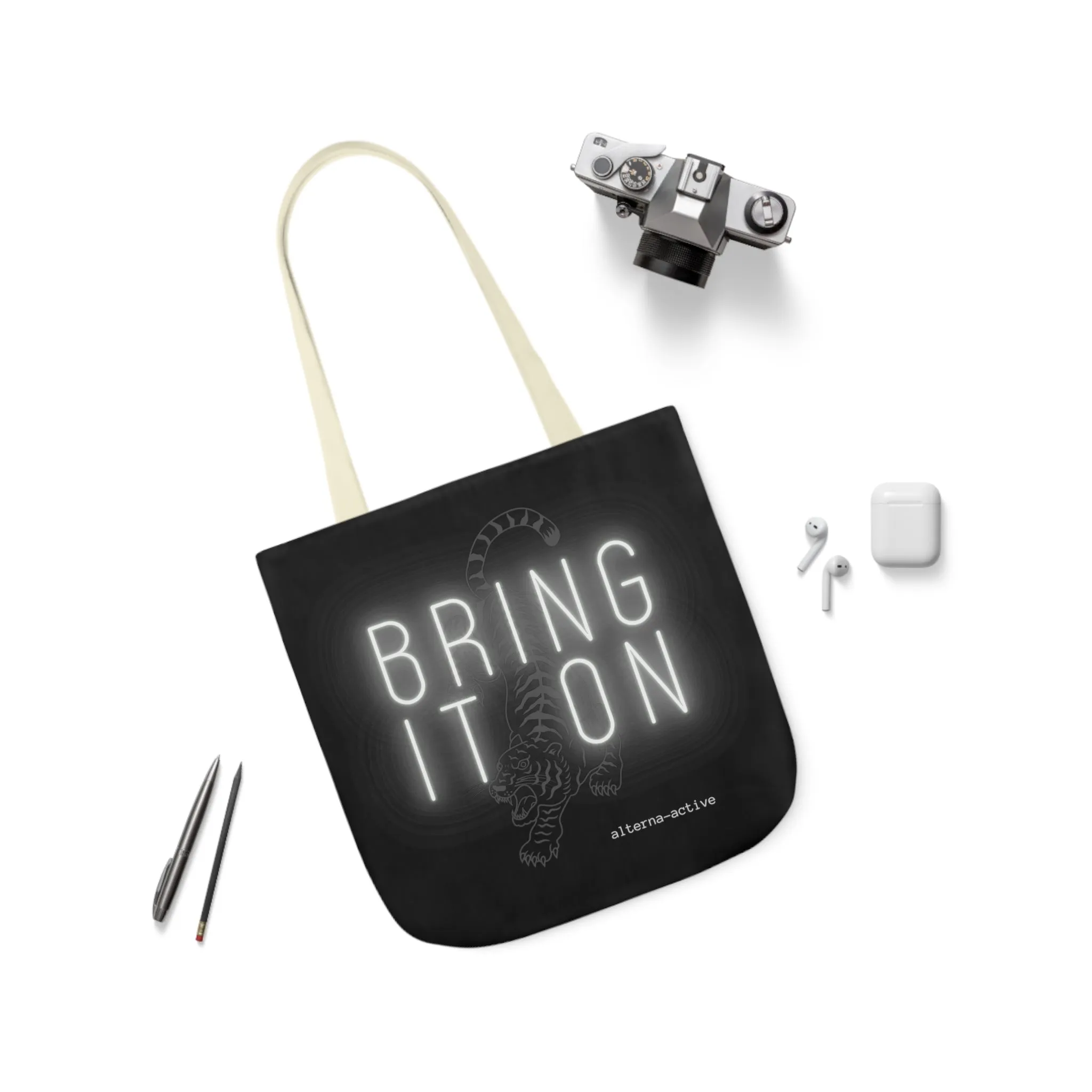 Alternawear Branded 'Bring it On' Tiger and Neon Print Polyester Canvas Tote Bag
