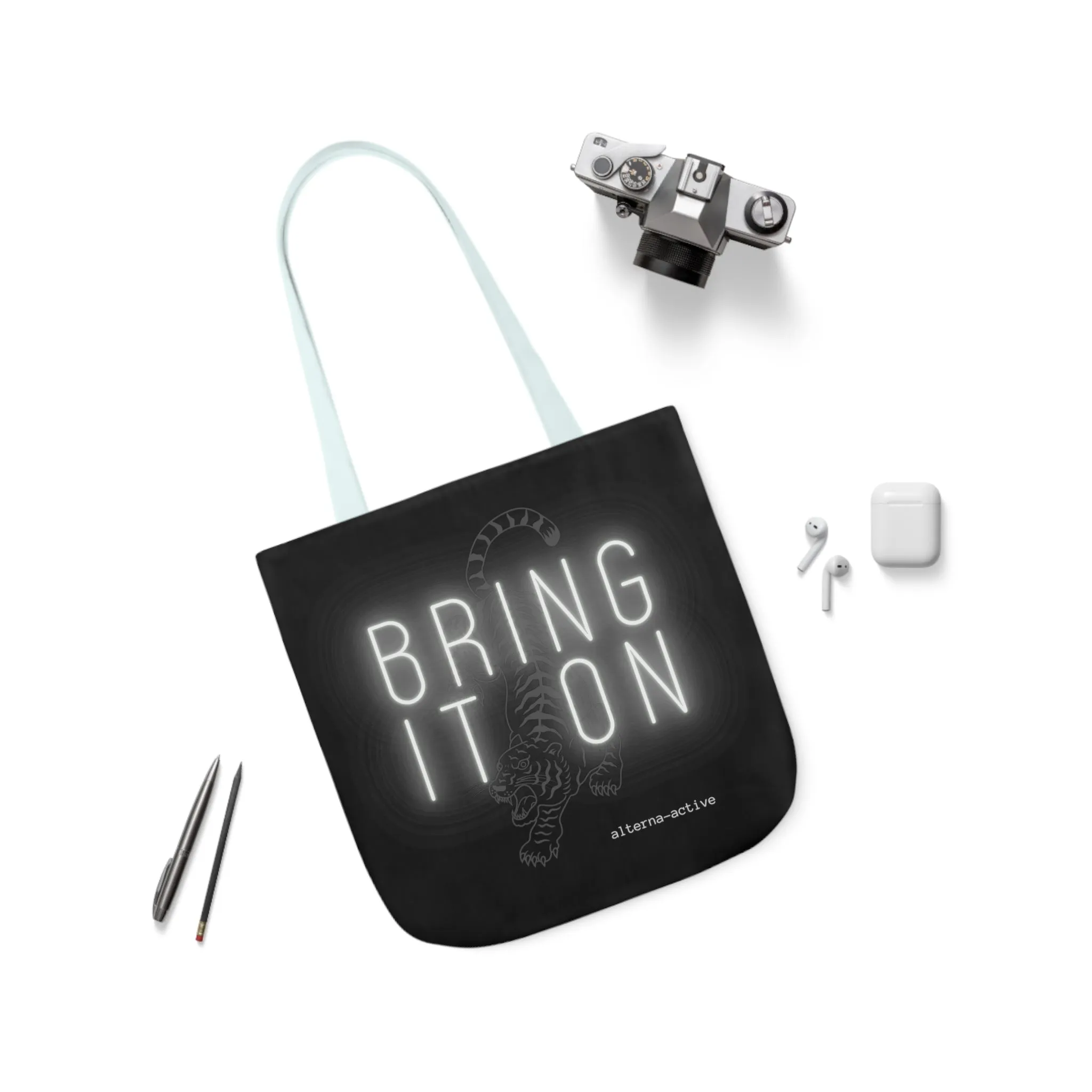 Alternawear Branded 'Bring it On' Tiger and Neon Print Polyester Canvas Tote Bag