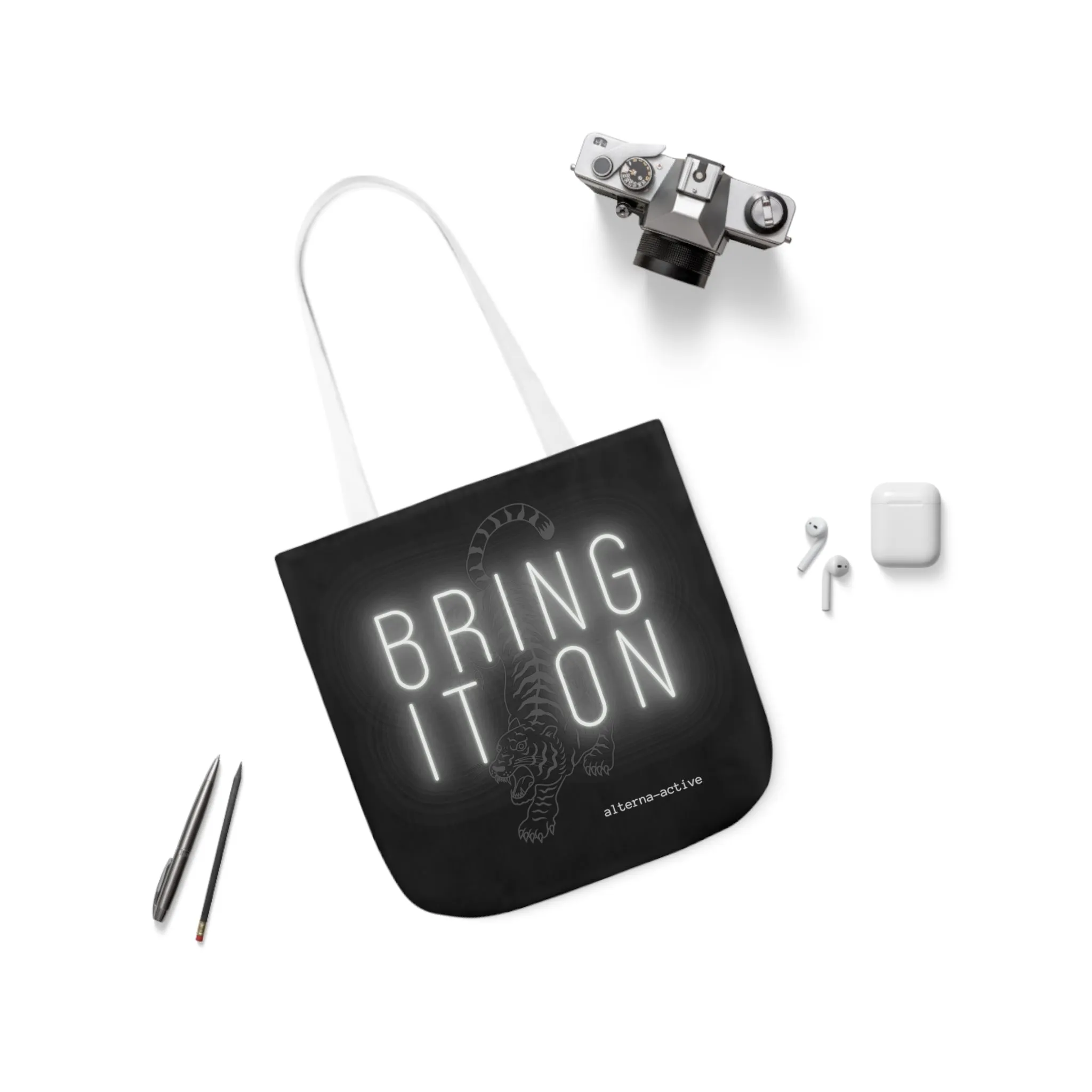 Alternawear Branded 'Bring it On' Tiger and Neon Print Polyester Canvas Tote Bag