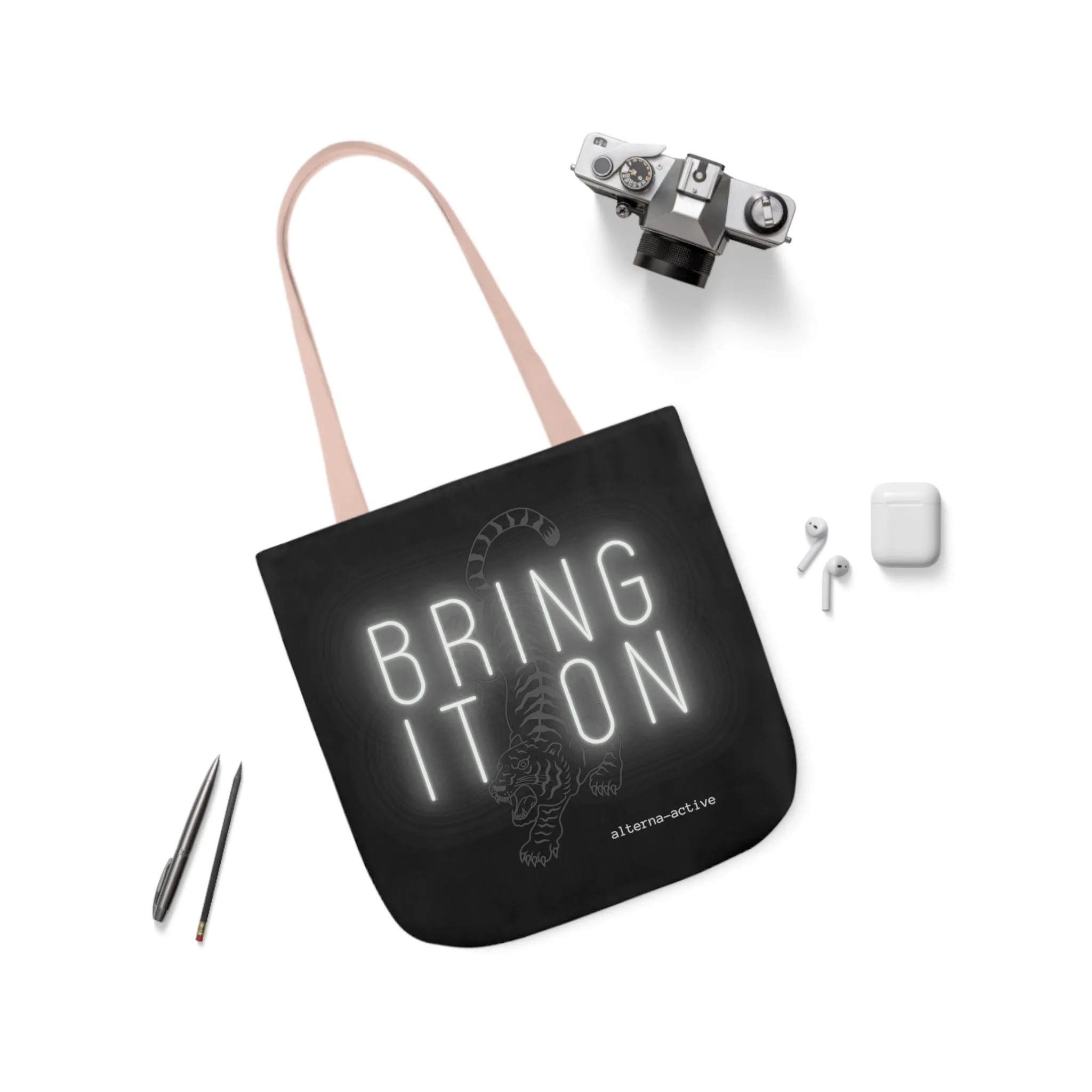 Alternawear Branded 'Bring it On' Tiger and Neon Print Polyester Canvas Tote Bag