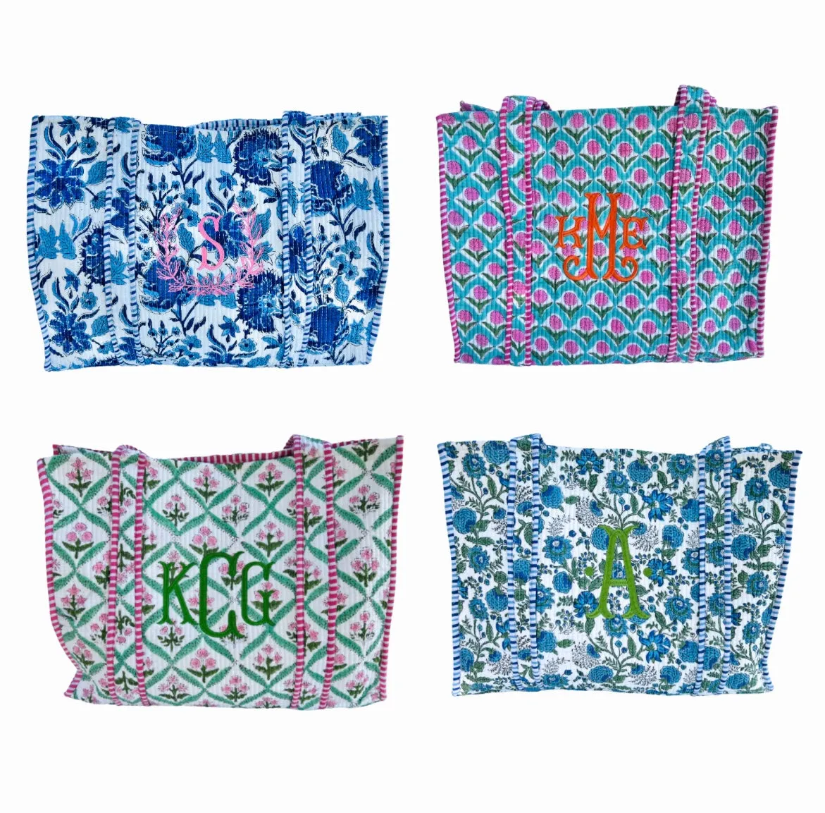 Blue and pink quilted block print tote bag monogram available