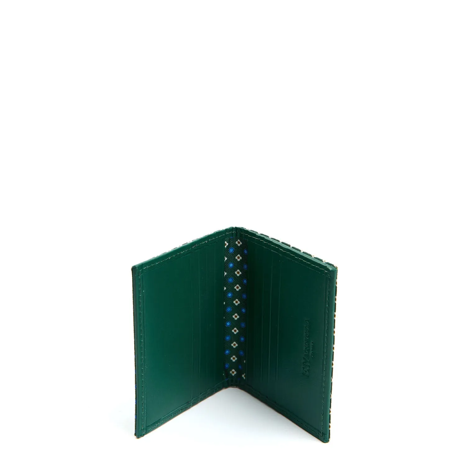 DARK GREEN SILK AND LEATHER FOLDING CARD HOLDER