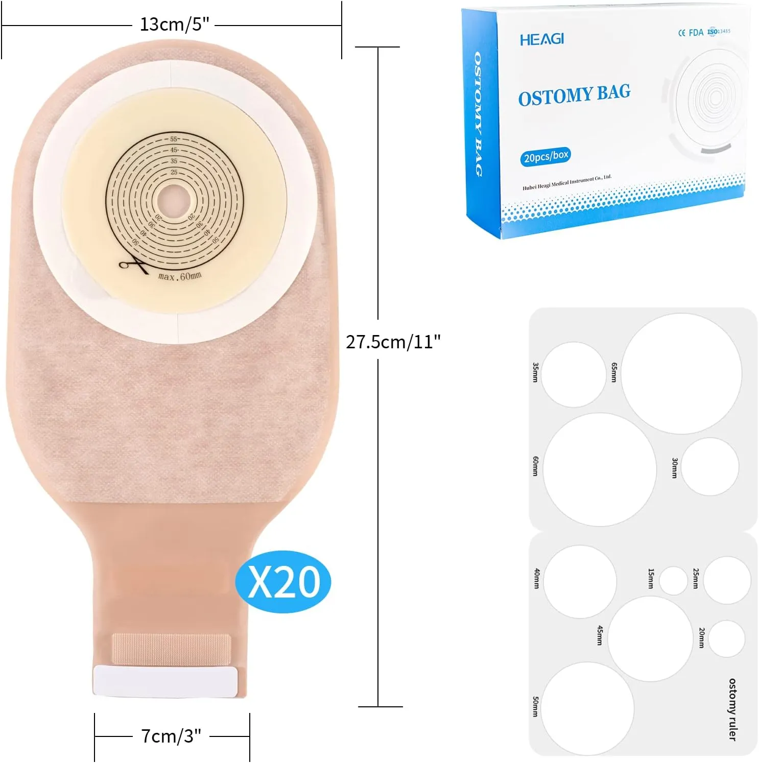 Heagi Colostomy Bags Skin Friendly One Piece Ostomy Bag Ostomy Supplies Cut-to-Fit Drainable Pouches with Closure