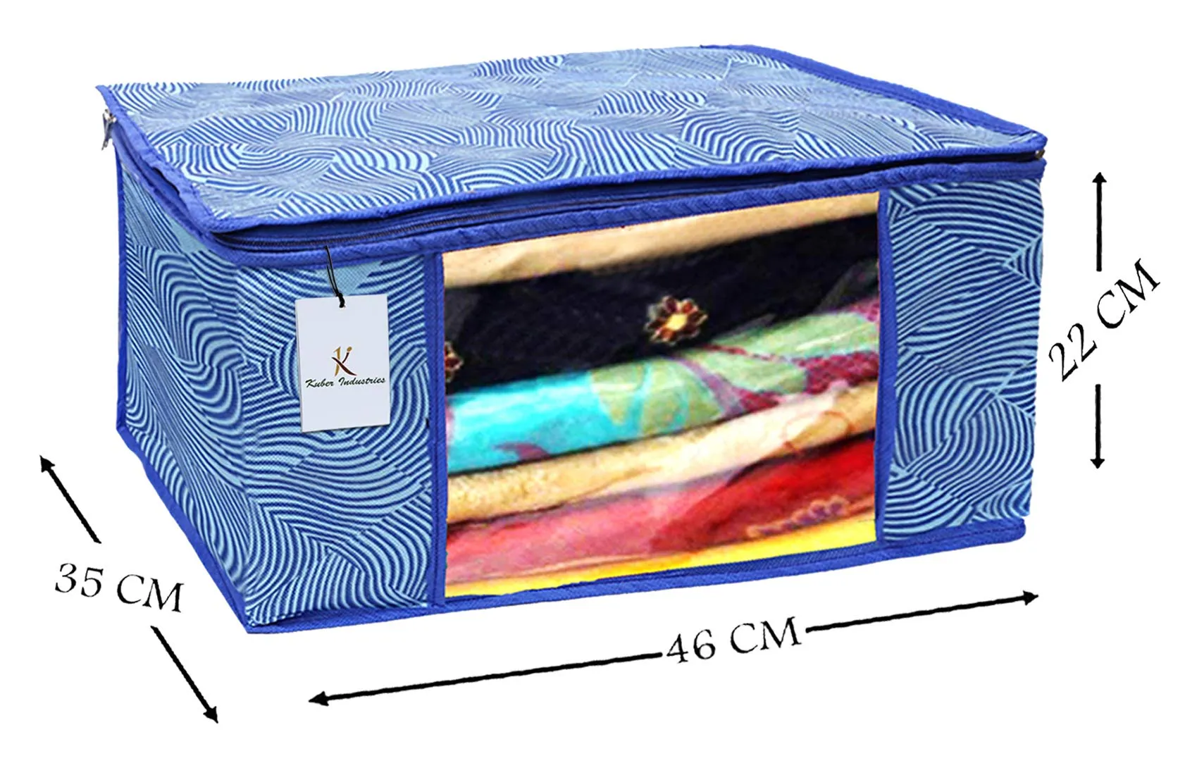Kuber Industries Leheriya Design Non Woven Saree Cover|Transparent Window & Zipper Closure|Regular Cloth Bag|Wardrobe Organiser Set|Pack of 3 (Royal Blue)