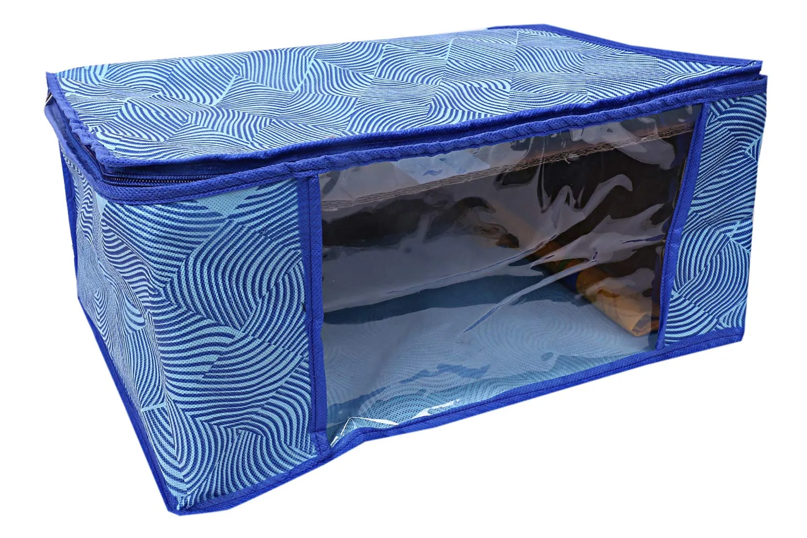 Kuber Industries Leheriya Design Non Woven Saree Cover|Transparent Window & Zipper Closure|Regular Cloth Bag|Wardrobe Organiser Set|Pack of 3 (Royal Blue)