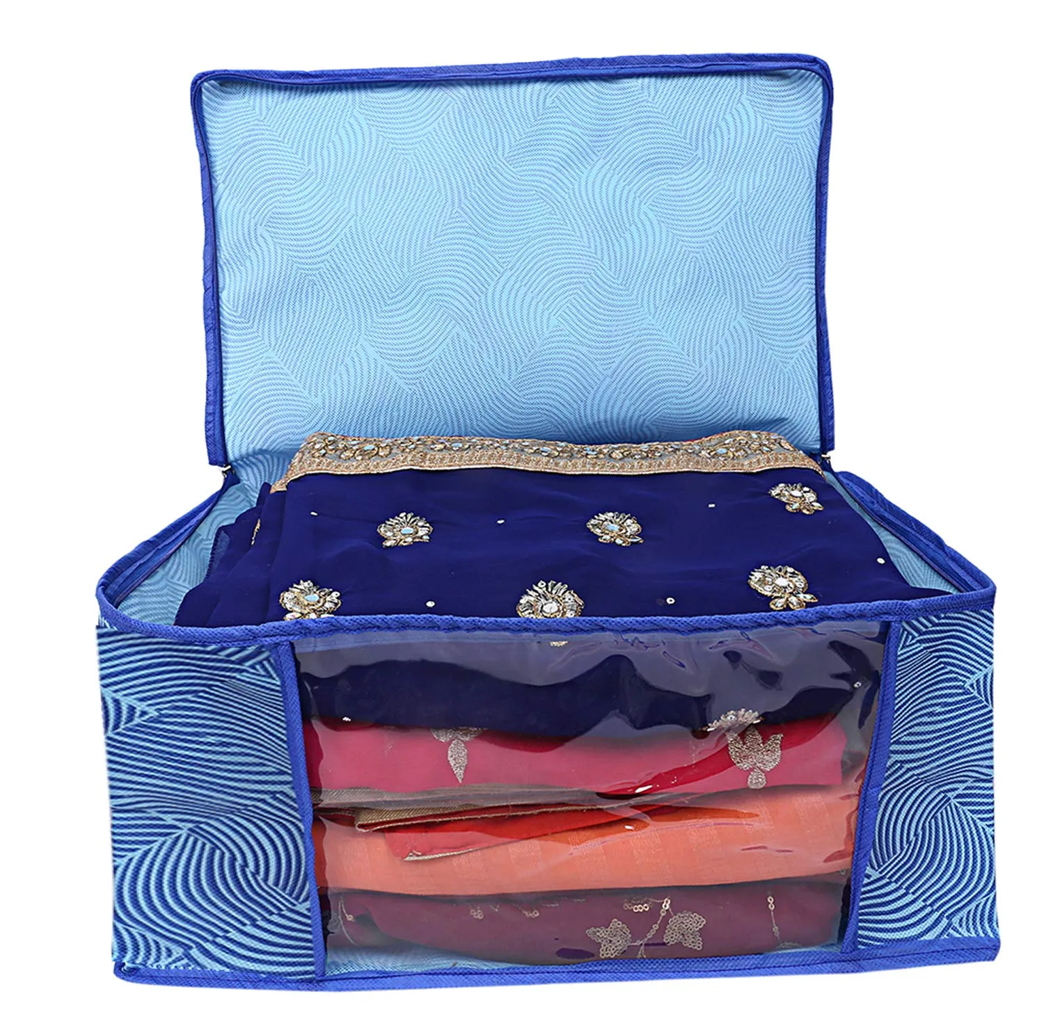 Kuber Industries Leheriya Design Non Woven Saree Cover|Transparent Window & Zipper Closure|Regular Cloth Bag|Wardrobe Organiser Set|Pack of 3 (Royal Blue)