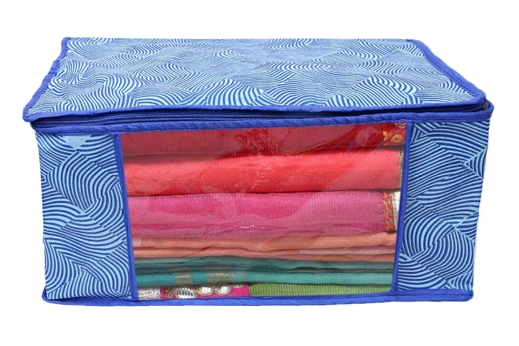 Kuber Industries Leheriya Design Non Woven Saree Cover|Transparent Window & Zipper Closure|Regular Cloth Bag|Wardrobe Organiser Set|Pack of 3 (Royal Blue)