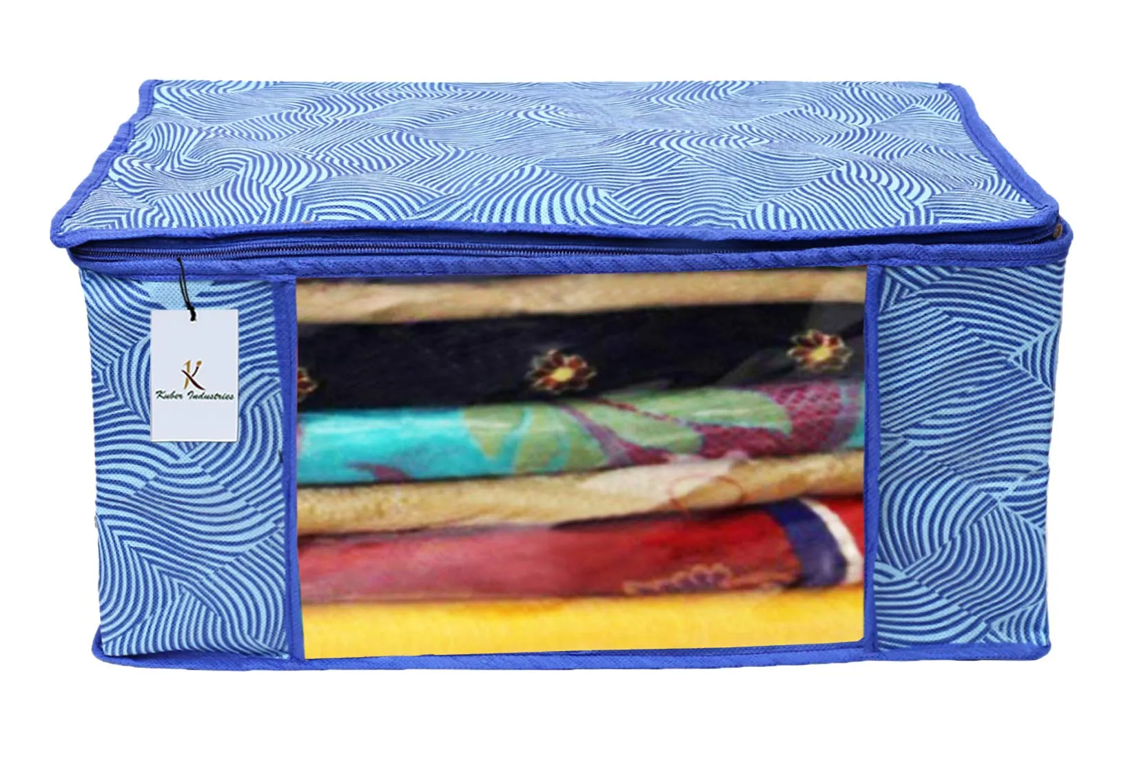 Kuber Industries Leheriya Design Non Woven Saree Cover|Transparent Window & Zipper Closure|Regular Cloth Bag|Wardrobe Organiser Set|Pack of 3 (Royal Blue)