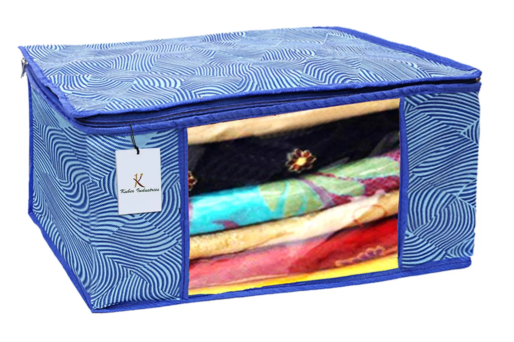 Kuber Industries Leheriya Design Non Woven Saree Cover|Transparent Window & Zipper Closure|Regular Cloth Bag|Wardrobe Organiser Set|Pack of 3 (Royal Blue)