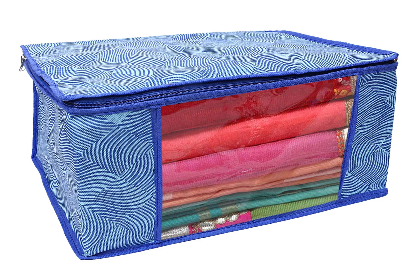 Kuber Industries Leheriya Design Non Woven Saree Cover|Transparent Window & Zipper Closure|Regular Cloth Bag|Wardrobe Organiser Set|Pack of 3 (Royal Blue)