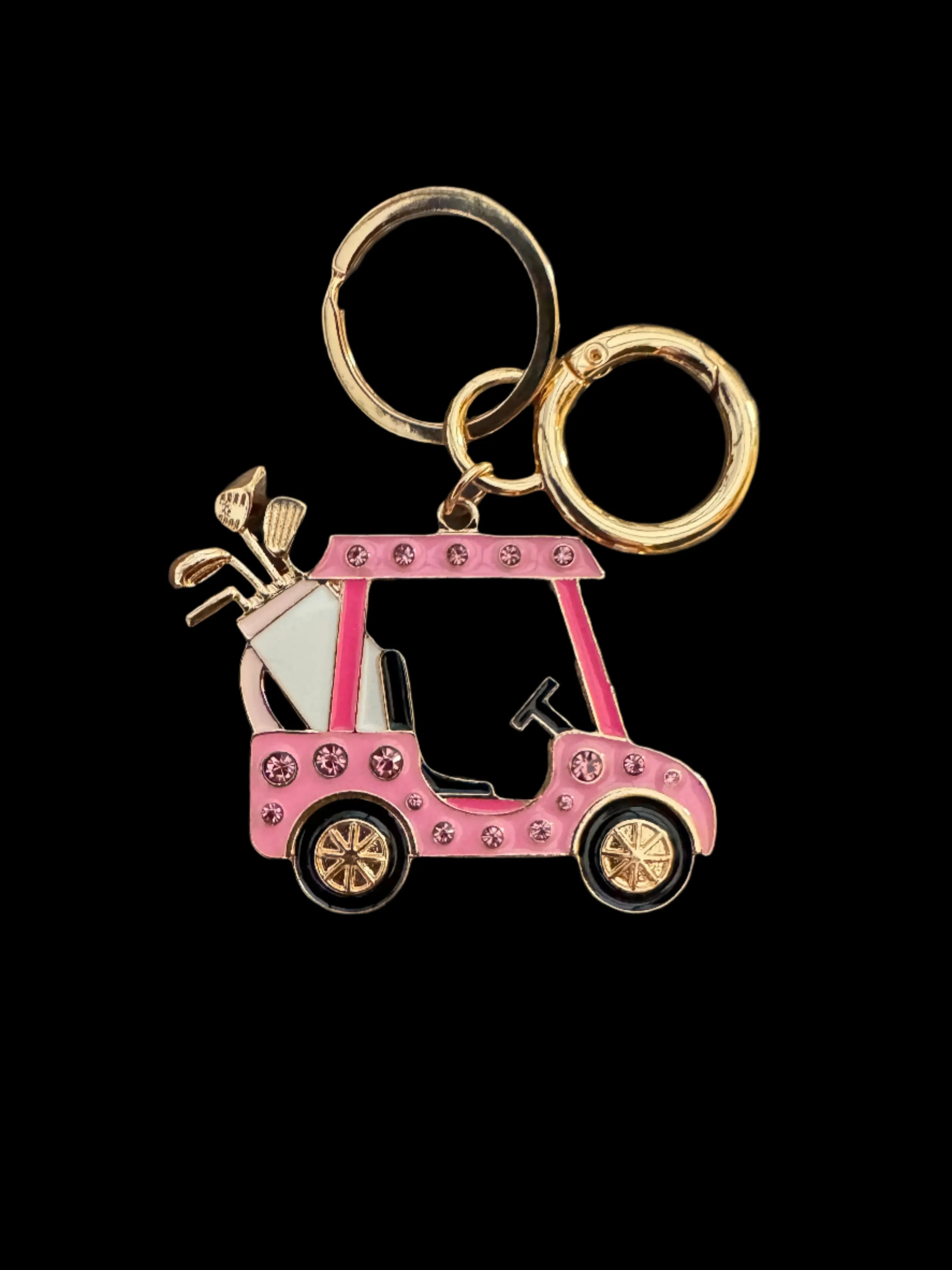 Pink Rhinestone Golf Cart Purse Charm | Sparkly Keychain for Golf Lovers