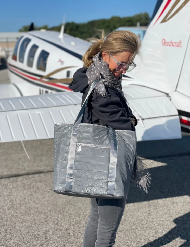 Puffer Tote Bag with Zipper Pockets in Shimmer Gray