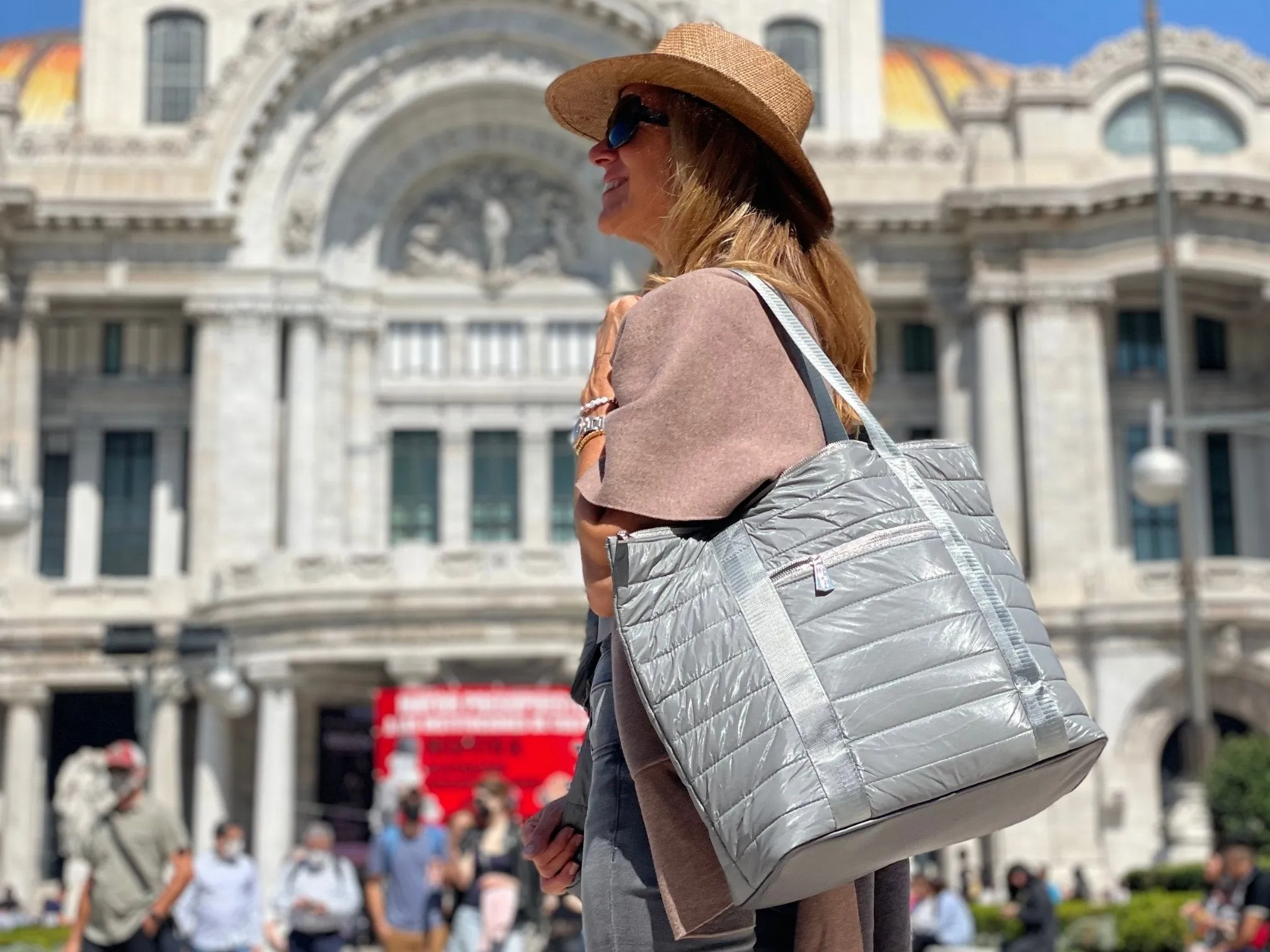 Puffer Tote Bag with Zipper Pockets in Shimmer Gray