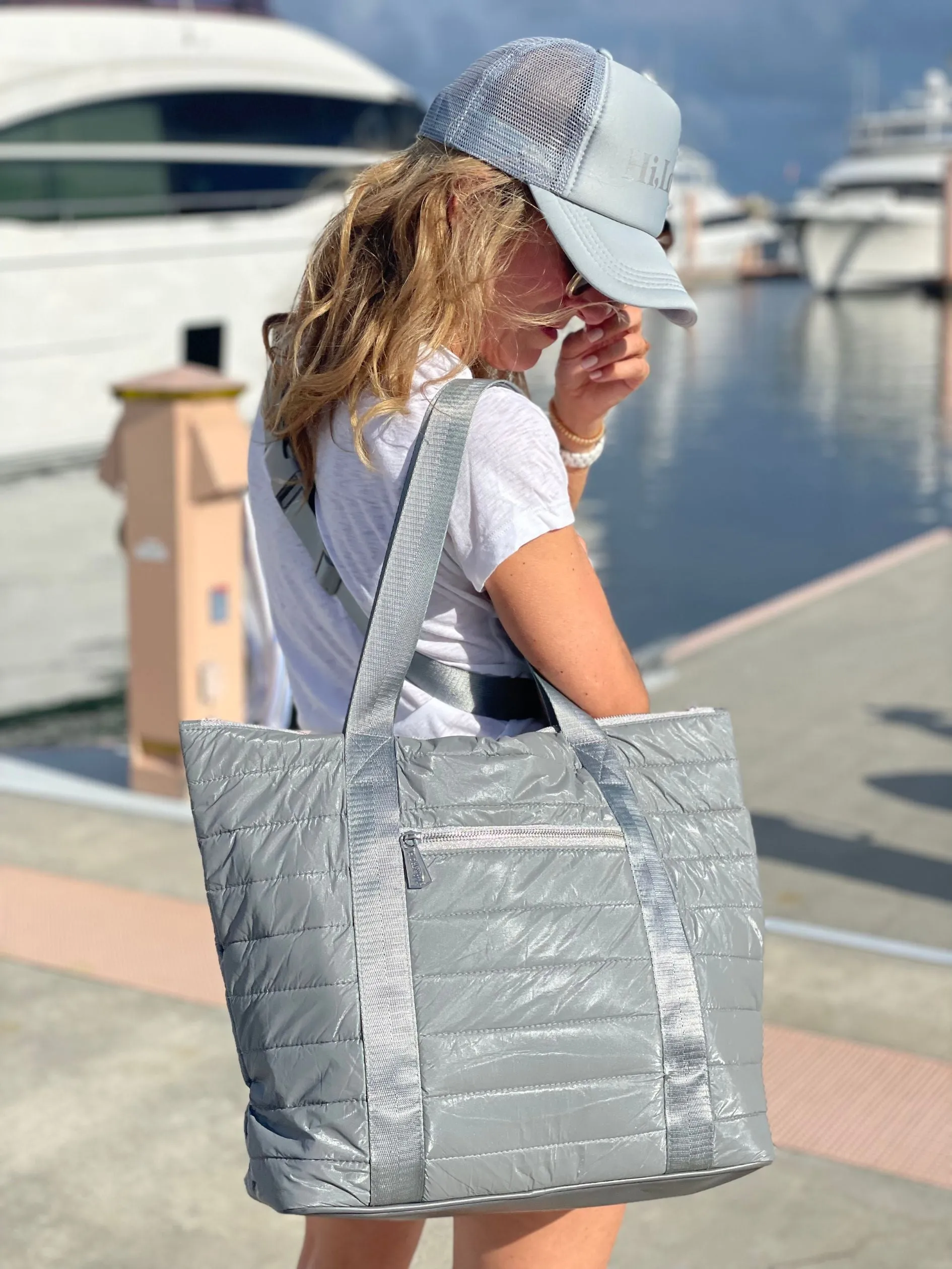 Puffer Tote Bag with Zipper Pockets in Shimmer Gray