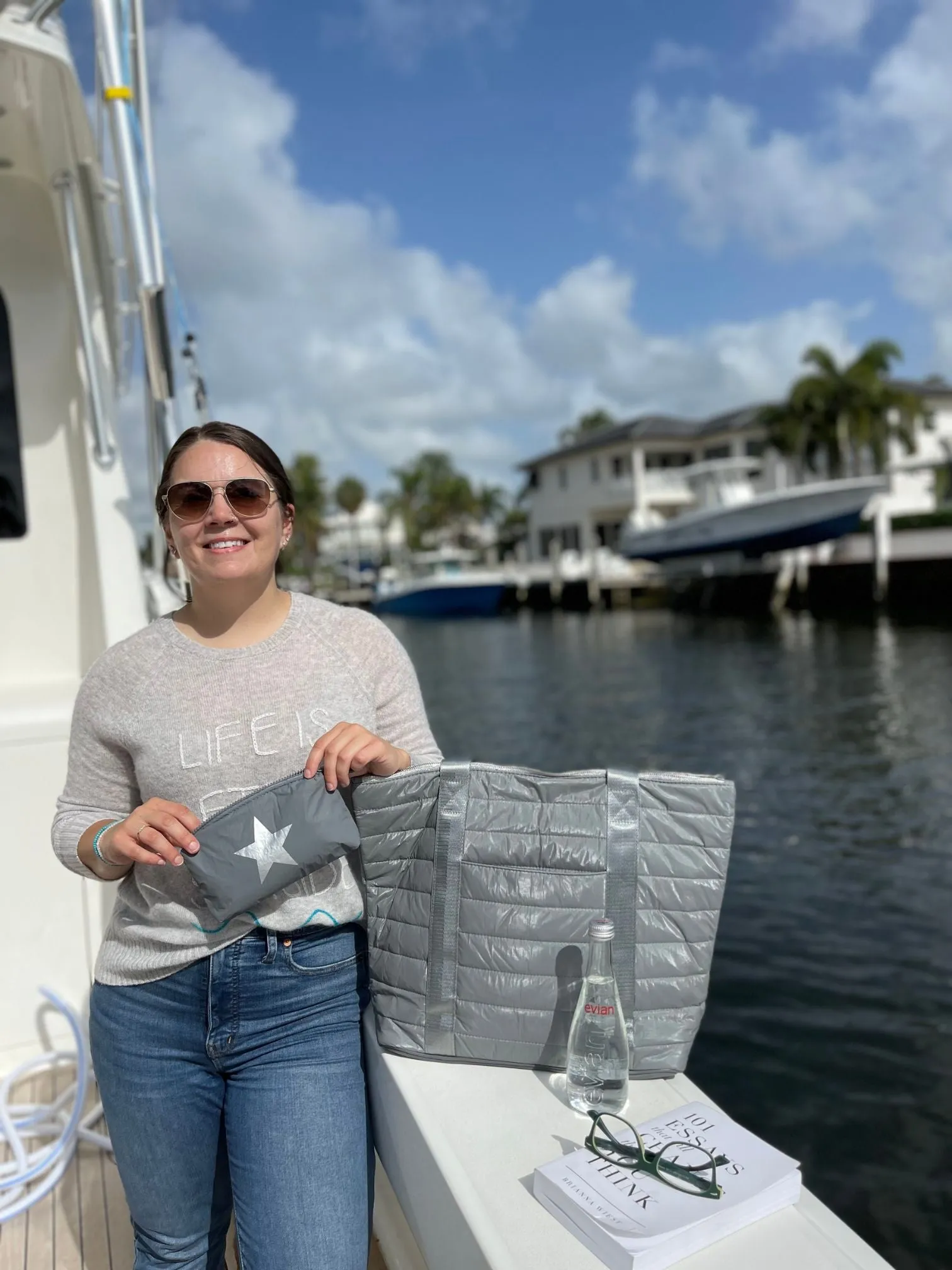 Puffer Tote Bag with Zipper Pockets in Shimmer Gray