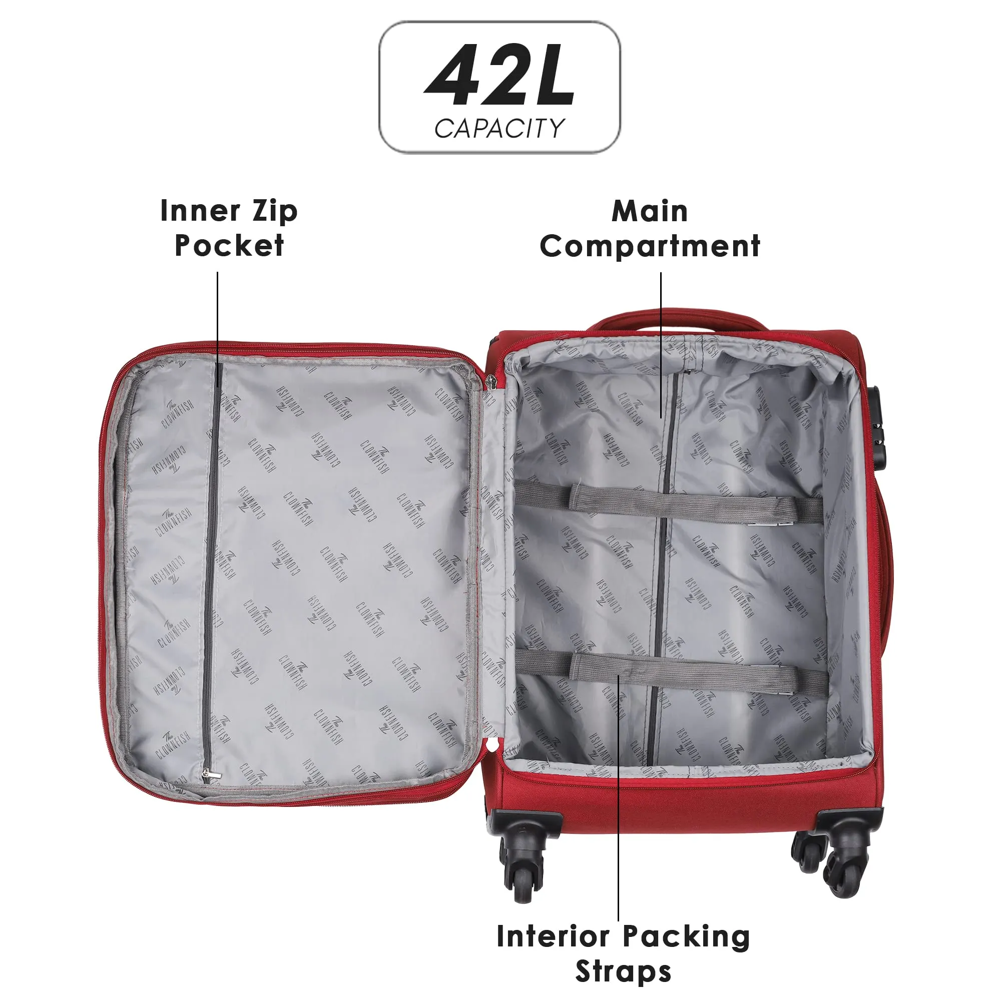 THE CLOWNFISH Abraham Luggage Polyester Soft Case Expandable Capacity Suitcase Four Wheel Trolley Bag - Red (57 cm, 22 inch)