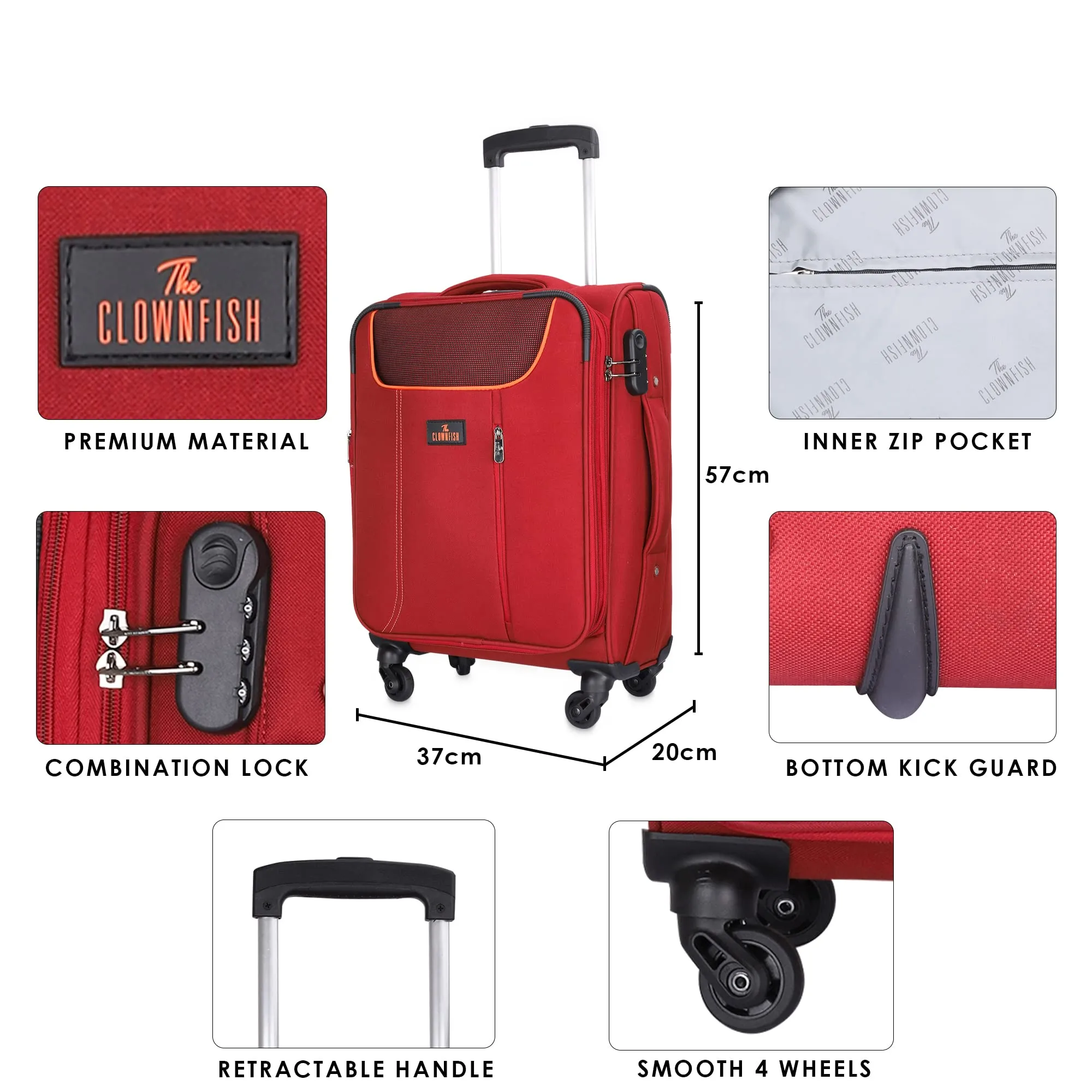 THE CLOWNFISH Abraham Luggage Polyester Soft Case Expandable Capacity Suitcase Four Wheel Trolley Bag - Red (57 cm, 22 inch)
