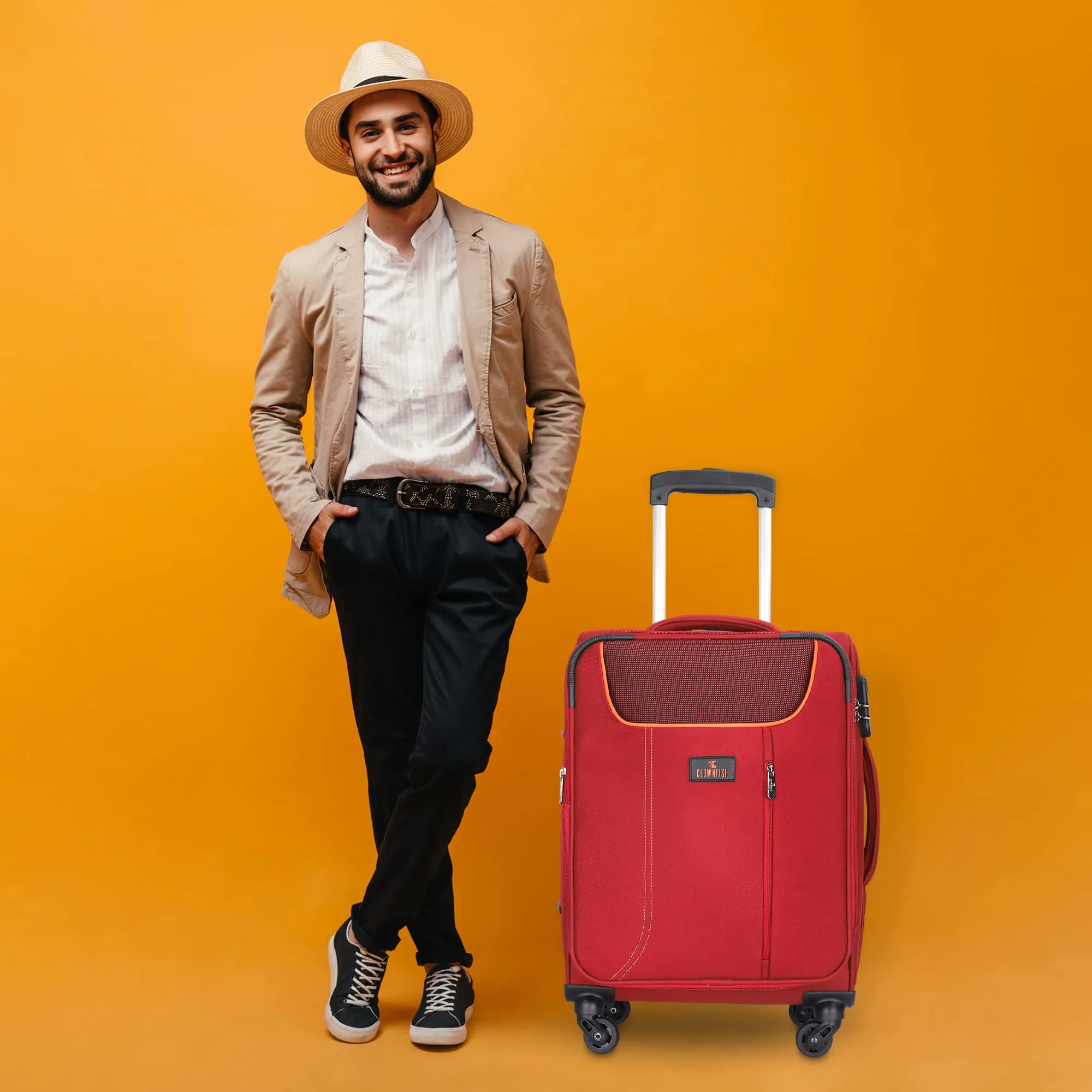 THE CLOWNFISH Abraham Luggage Polyester Soft Case Expandable Capacity Suitcase Four Wheel Trolley Bag - Red (57 cm, 22 inch)