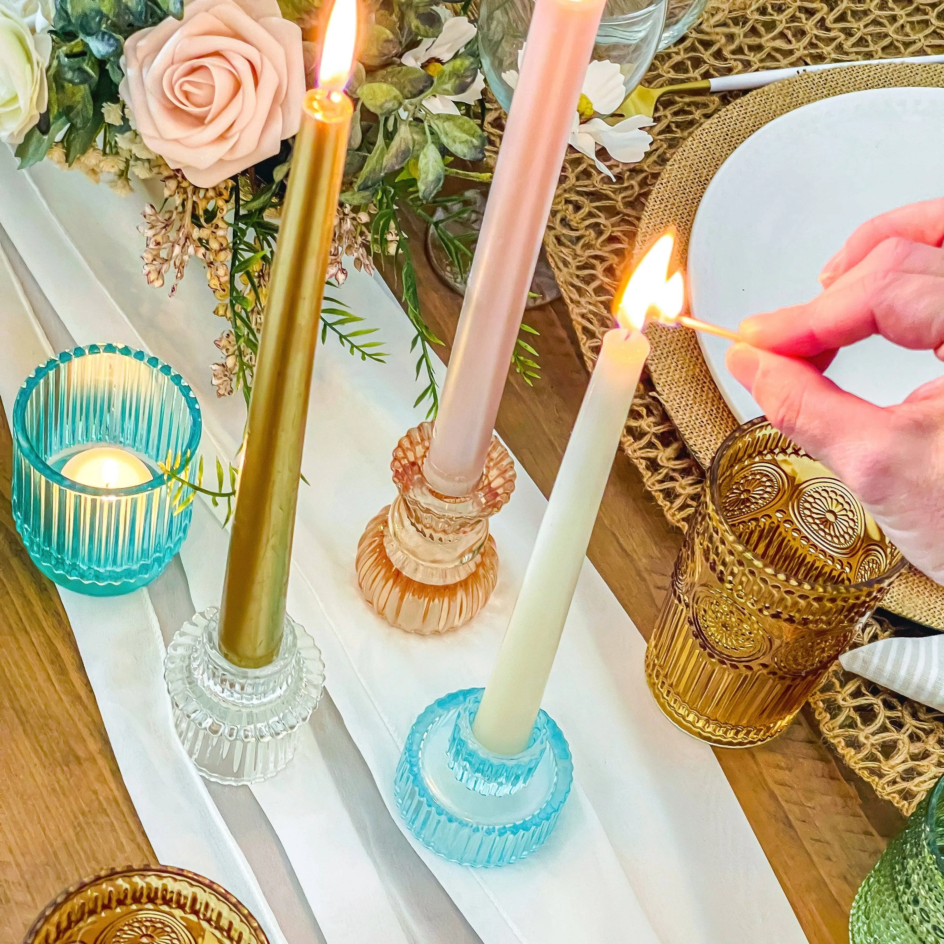 Vintage Ribbed Glass Rose Gold Candle Holders Set