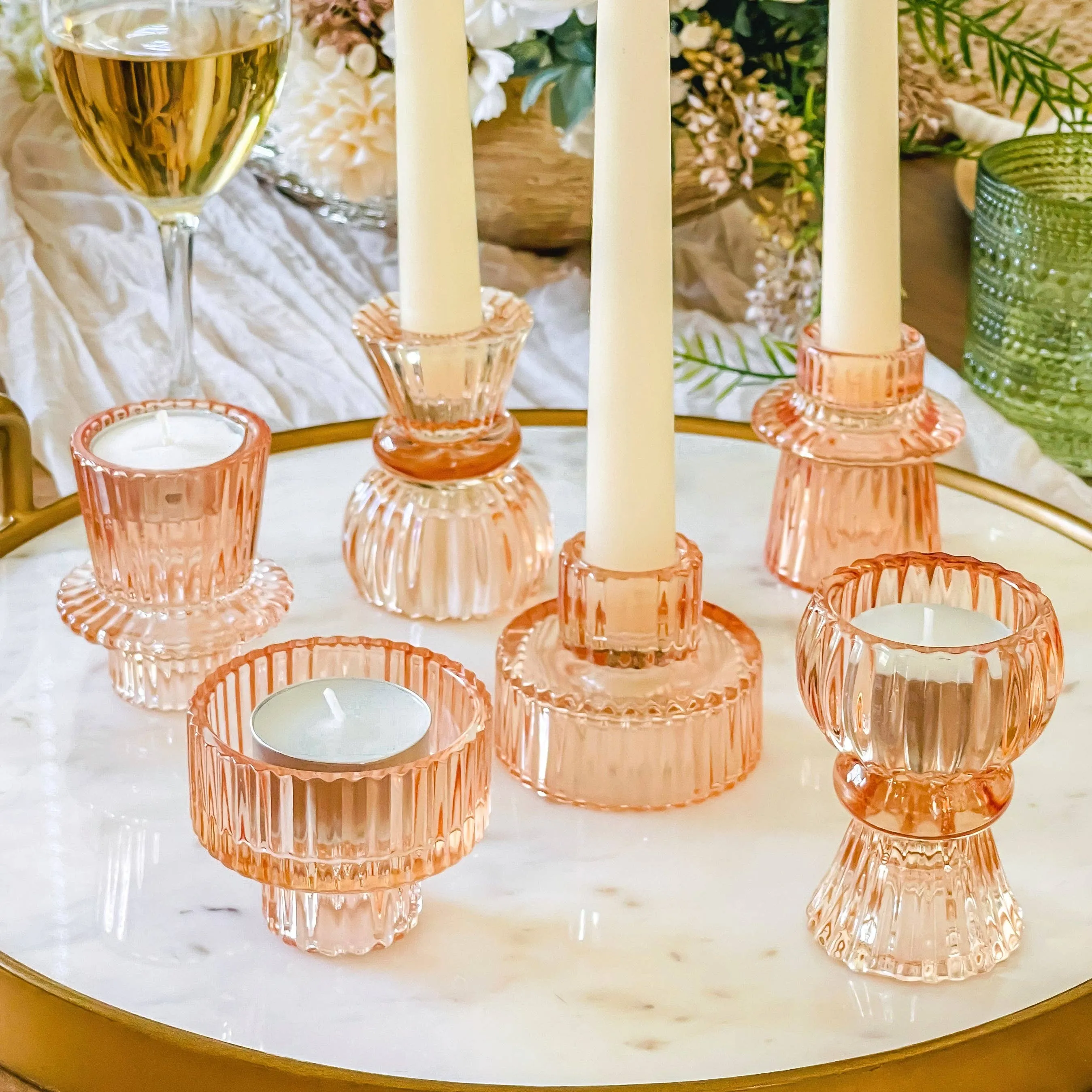 Vintage Ribbed Glass Rose Gold Candle Holders Set